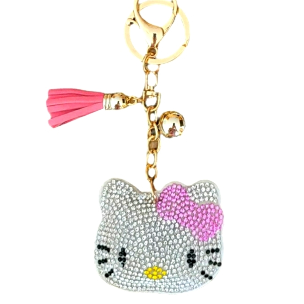 Hello Kitty Puffy  Crystal w/Pink Bow tassel Keychain Bag Charm